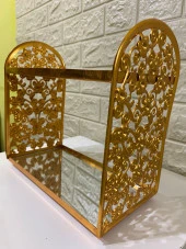 2 Katlı Aynalı Cam Makyaj Organizeri Takı Organizeri Kozmetik Organizer Gold İşlemeli - 3