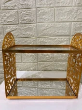 2 Katlı Aynalı Cam Makyaj Organizeri Takı Organizeri Kozmetik Organizer Gold İşlemeli - 6