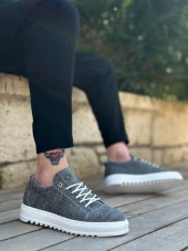 BA0152 Bağcıklı Yüksek Taban Gri Kırçıllı Keten Erkek Ayakkabı thumbnail 2