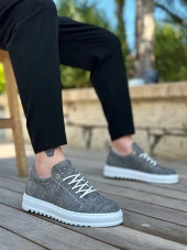 BA0152 Bağcıklı Yüksek Taban Gri Kırçıllı Keten Erkek Ayakkabı thumbnail 3