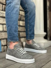 BA0152 Bağcıklı Yüksek Taban Gri Kırçıllı Keten Erkek Ayakkabı thumbnail 4