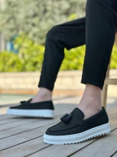 BA0154  Bağcıksız Yüksek Taban Keten Siyah Renk Püsküllü Erkek Ayakkabı thumbnail 2