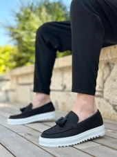 BA0154  Bağcıksız Yüksek Taban Keten Siyah Renk Püsküllü Erkek Ayakkabı thumbnail 3