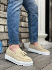 BA0154  Bağcıksız Yüksek Taban Keten Krem Renk Püsküllü Erkek Ayakkabı thumbnail 4