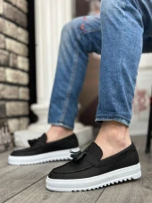 BA0154  Bağcıksız Yüksek Taban Keten Siyah Renk Püsküllü Erkek Ayakkabı thumbnail 5