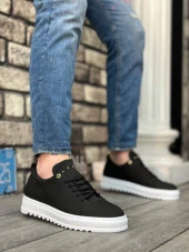 BA0152 Bağcıklı Yüksek Taban Siyah Keten Erkek Ayakkabı thumbnail 4