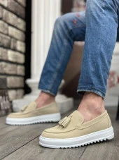 BA0154  Bağcıksız Yüksek Taban Keten Krem Renk Püsküllü Erkek Ayakkabı thumbnail 5