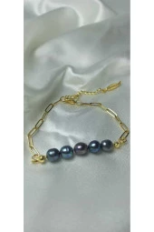 24k Altın Kaplama Gerçek Siyah İnci Kare Zincir Detaylı Tüy Uzatmalı Şık Bileklik thumbnail 1