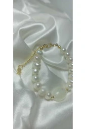 24k Altın Kaplama Gerçek İnci Sedefli Akrilik Detaylı Bİleklik thumbnail 2