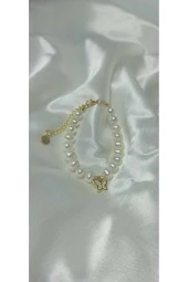 24k Altın Kaplama Gerçek inci Kelebek Detaylı Trend Bileklik thumbnail 1