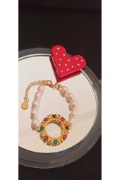 24k Altın Kaplama Gerçek İnci Renkli Zirkon Taşlı Çeyrek Altın Çerçevesi Kasası Çevresi thumbnail 2