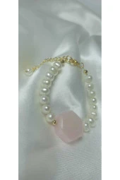 24k Altın Kaplama Gerçek İnci Sedefli Pembe Akrilik Detaylı Bileklik thumbnail 1