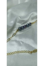 24k Altın Kaplama Gerçek Siyah İnci Kare Zincir Detaylı Tüy Uzatmalı Şık Bileklik thumbnail 2