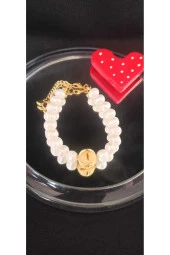 24k Altın Kaplama Gerçek İnci Küre ve deniz Kızı Kuyruğu Detaylı Tasarım Bileklik thumbnail 3