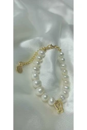 24k Altın Kaplama Gerçek inci Kelebek Detaylı Trend Bileklik thumbnail 2