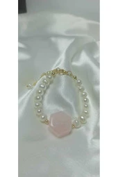 24k Altın Kaplama Gerçek İnci Sedefli Pembe Akrilik Detaylı Bileklik thumbnail 2