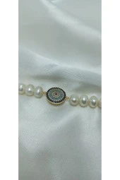 24k Altın Kaplama Gerçek İnci Büyük Zirkon Taşlı Nazar Detaylı Tasarım Bileklik thumbnail 1