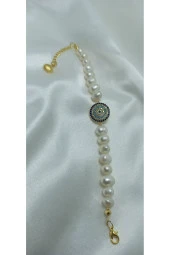 24k Altın Kaplama Gerçek İnci Büyük Zirkon Taşlı Nazar Detaylı Tasarım Bileklik thumbnail 2