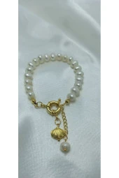 24k Altın Kaplama Gerçek Inci Dümen Kapama Istiridye Detaylı Tasarım Bileklik Hediyelik thumbnail 2