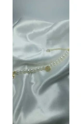 24k Altın Kaplama Gerçek İnci Kartanesi ve Sedefli Kalp Detaylı Tasarım Bileklik thumbnail 1