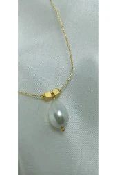 24K Altın Kaplama Gerçek Mayorka İnci ve Kare Dorika Tasarım Kolye thumbnail 2