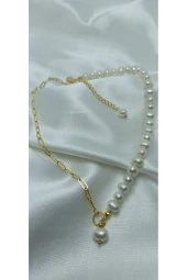 24K Altın Kaplama Gerçek İnci Kare Zincir Detaylı Tasarım Dekolte Kolye thumbnail 1