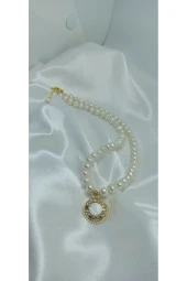 24K Altın Kaplama Gerçek İnci Zirkon Taşlı Tasarım Kolye thumbnail 1
