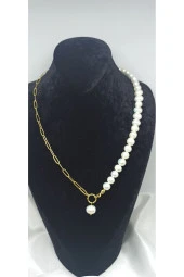 24K Altın Kaplama Gerçek İnci Kare Zincir Detaylı Tasarım Dekolte Kolye thumbnail 2