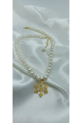 24K Altın Kaplama Gerçek İnci Kar Tanesi Detaylı Dorikalı Tasarım Kolye thumbnail 3