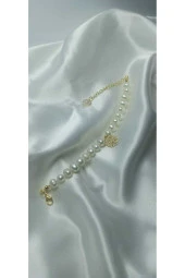 24k Altın Kaplama Gerçek İnci Kartanesi ve Sedefli Kalp Detaylı Tasarım Bileklik thumbnail 3