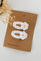 Beyaz Bebek Ve Çocuk Örgü Papatya 2'li Çıtçıt Toka Seti 6cm - 1