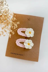 Pembe Bebek Ve Çocuk Örgü Papatya 2'li Çıtçıt Toka Seti 6cm - 1