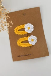 Sarı Bebek Ve Çocuk Örgü Papatya 2'li Çıtçıt Toka Seti 6cm - 1