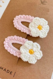 Pembe Bebek Ve Çocuk Örgü Papatya 2'li Çıtçıt Toka Seti 6cm - 2