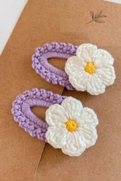 Lila Bebek Ve Çocuk Örgü Papatya 2'li Çıtçıt Toka Seti 6cm - 2