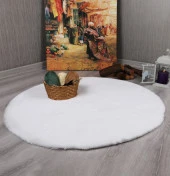 Dekoratif Tavşan Tüyü Ultra Yumuşak Peluş Yuvarlak Halı Beyaz - 1