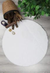 Dekoratif Tavşan Tüyü Ultra Yumuşak Peluş Yuvarlak Halı Beyaz - 2