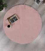 Dekoratif Tavşan Tüyü Ultra Yumuşak Peluş Yuvarlak Halı Pembe - 2