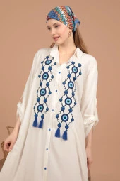 Önü Nazar Boncuk Nakışlı Geniş Kollu Gömlek Yakalı Viskon Kumaşlı Kadın Elbise Ekru Yaz / Bahar  - 3