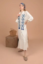 Önü Nazar Boncuk Nakışlı Geniş Kollu Gömlek Yakalı Viskon Kumaşlı Kadın Elbise Ekru Yaz / Bahar - 5