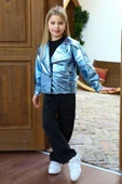 Kız Çocuk Parlak Ceket ve Jean Kargo Cepli Pantolon Mavi Alt Üst Takım - 10