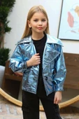 Kız Çocuk Parlak Ceket ve Jean Kargo Cepli Pantolon Mavi Alt Üst Takım - 9