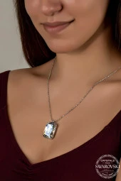 Swarovski Crystal Kadın Büyük Parlak Octagan Gümüş Kolye - 1