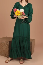 Dantel Espirili ve Kolları Lastikli Viskon Kumaşlı  Oversize / Salaş Kadın Elbise Yeşil Yaz / Bahar - 3