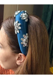 BYM074 Tasarım El İşi Kadın Taç Saten Abiye Zirkon Taş Saç Aksesuarı Çiçekli Model Mavi Saç Tacı thumbnail 2