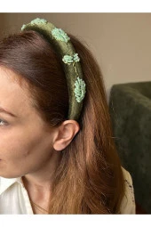BYM049 Tasarım El Yapımı Kadın Taç Yeşil Nakış Yaprak İşleme Saç Aksesuarı Abiye Kına Nişan Saç Tacı thumbnail 1