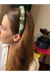 BYM049 Tasarım El Yapımı Kadın Taç Yeşil Nakış Yaprak İşleme Saç Aksesuarı Abiye Kına Nişan Saç Tacı thumbnail 3
