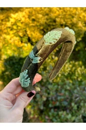 BYM049 Tasarım El Yapımı Kadın Taç Yeşil Nakış Yaprak İşleme Saç Aksesuarı Abiye Kına Nişan Saç Tacı thumbnail 4