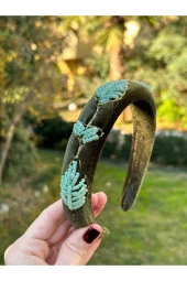 BYM049 Tasarım El Yapımı Kadın Taç Yeşil Nakış Yaprak İşleme Saç Aksesuarı Abiye Kına Nişan Saç Tacı thumbnail 5