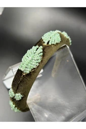 BYM049 Tasarım El Yapımı Kadın Taç Yeşil Nakış Yaprak İşleme Saç Aksesuarı Abiye Kına Nişan Saç Tacı thumbnail 6